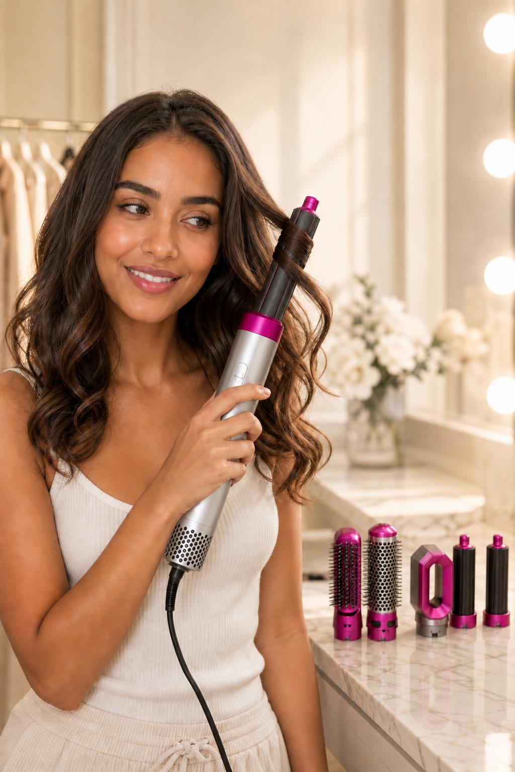 Mujer rizandose el pelo con el cepillo 5 en 1